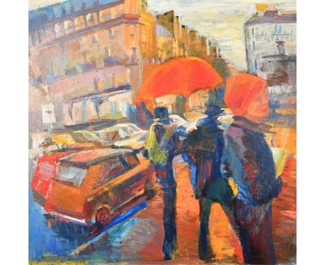 Maria Margarita Iuca (b. 1943) French / Romanian, figures holding umbrellas in a busy city street, oil on canvas, signed, exh