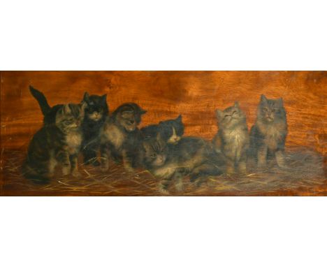 Bessie Bamber (late 19th/Early 20th Century), a pair of oil on walnut panel paintings each containing seven cats, both signed