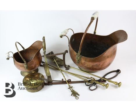 Miscellaneous brass and copper, including a chestnut roaster, two copper scuttles with blue and white ceramic handles, coal s