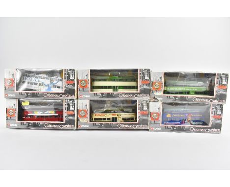 Six Corgi The Original Omnibus trams, 1:76 scale, Blackpool Brush Railcoach Hot Ice 44006, Balloon Tram Thwaites Brewery OM43