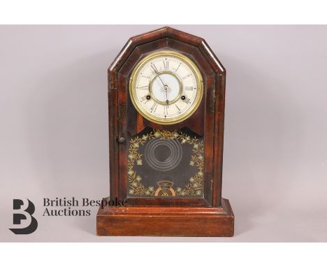 Edwardian mantel clock, white enamel face with Roman dial, strikes to a coil.