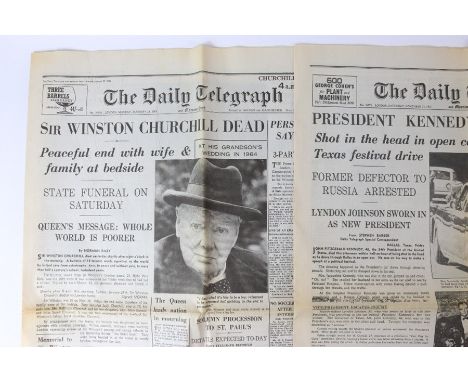 Vintage Daily Telegraph newspapers with historic and memorable headlines. Examples include 'Allies invent the Atom Bomb First