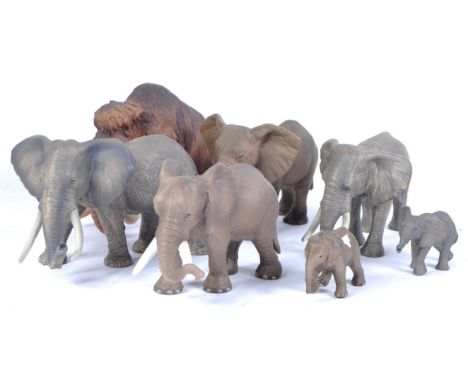 A collection of x7 vintage Schleich made model animals. PVC construction comprising x1 Woolly Mammoth and x6 assorted Elephan