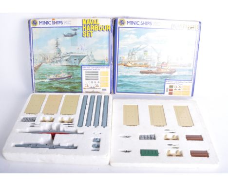 Two vintage Hornby 1/1200 scale diecast Minic Ships sets comprising models No. M906 Naval Harbour Set and M905 Quayside. Cont