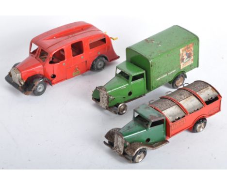 Three original vintage Triang / Tri-ang Minic tinplate clock model cars and other vehicles comprising models No. 32M Dust Car