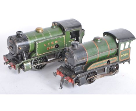 Two vintage Hornby O gauge tinplate clockwork model railway trainset locomotive engines comprising; Type 51 0-4-0 No. 50153 a