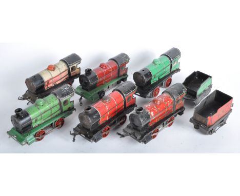 A collection of x6 vintage Hornby O gauge tinplate clockwork and electric model railway trainset locomotive engines for spare