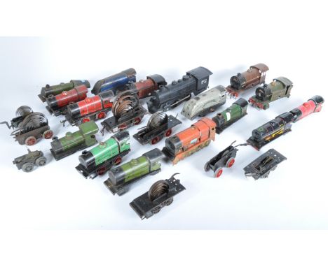 A collection of assorted vintage Hornby and other O gauge tinplate clockwork locomotive parts / spares / repairs. Parts to in