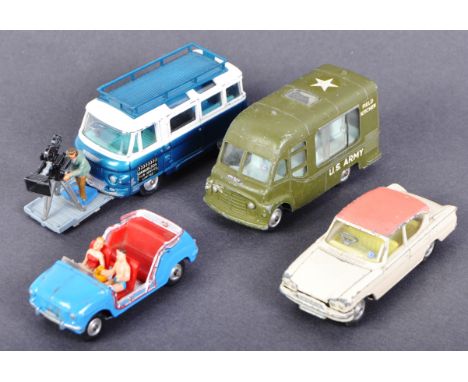 A collection of x4 vintage Corgi Toys diecast model cars and other vehicles comprising; Commer Bus 2500 Series Samuelson Film