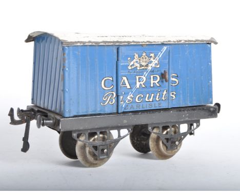 An original vintage Hornby O gauge tinplate model railway trainset locomotive rolling stock wagon ' Carr's Biscuits ' van. Th