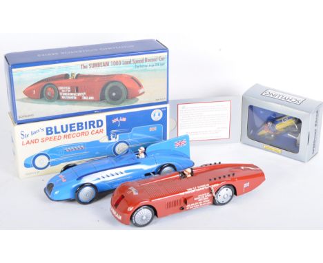 A collection of x3 vintage Schylling made tinplate clockwork model cars comprising; The Sunbeam 100 Land Speed Record Car, Si