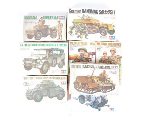 A collection of x8 vintage Tamiya 1/35 scale plastic model kits of Military interest to include; Scout Car Daimler MKII, Germ