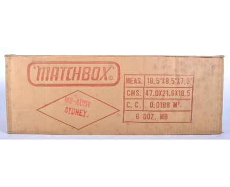 A vintage 1980s (1981) ex-shop stock / trade box of Matchbox diecast model cars. All x72 models being MB68 4x4 Chevrolet. Con