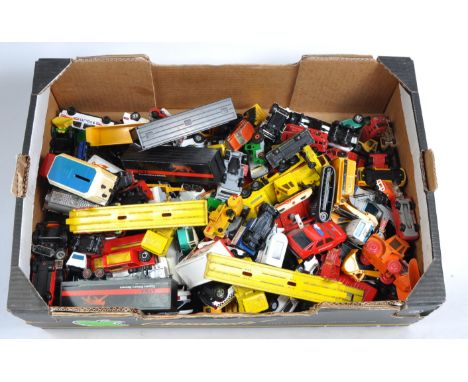 A collection of assorted vintage diecast model cars, trucks and lorries of various scales and makers. Various sports cars, ra