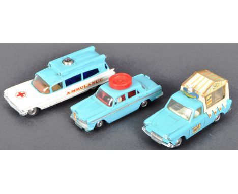 A collection of x3 original vintage Corgi Toys diecast models comprising; Austin A60 Driving School car with steering, Walls 