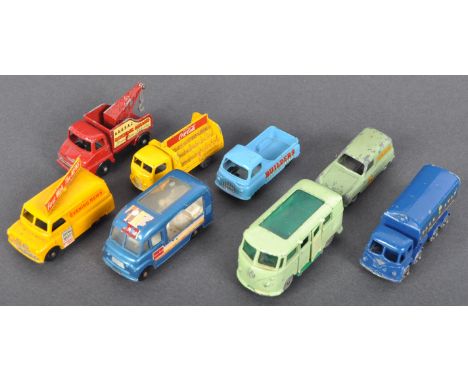 A collection of x8 vintage Lesney made Matchbox Series diecast models trucks / vans to include; No. 60 Morris J2 Pick-Up, No.