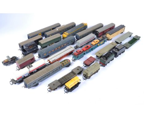 A collection of vintage Triang / Tri-ang Hornby 00 gauge model railway rolling stock wagons, coaches and trackside accessorie