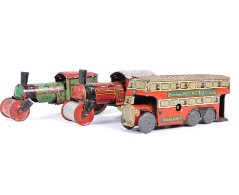 A collection of x3 vintage Brimtoy ' Pocket Series ' tinplate clockwork models comprising x2 Steam Rollers and a double decke