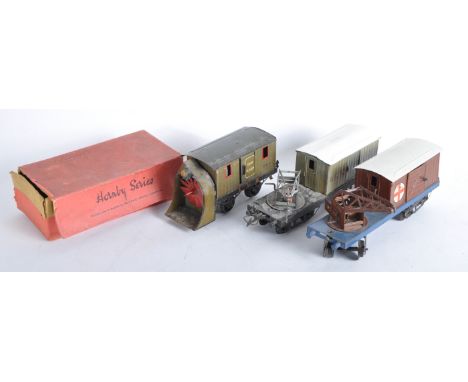 Three original vintage Hornby O gauge tinplate clockwork model railway trainset locomotive rolling stock wagons comprising; L