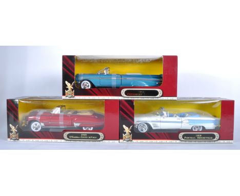 Three original Road Signature 1/18 scale diecast model cars comprising; #92308 1949 Cadillac Coupe De Ville, #92118 1959 Chev