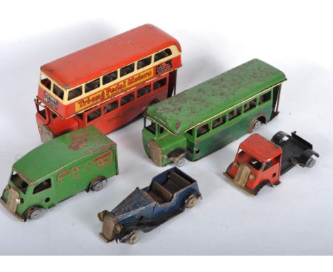 A collection of vintage Triang / Tri-ang Minic tinplate clockwork models / spares repairs to include; London Transport double