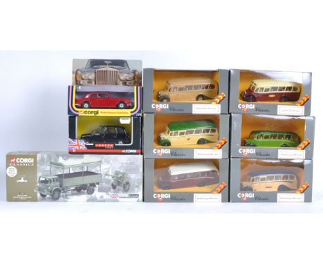 A collection of x9 assorted Corgi diecast model to include; x6 vintage Corgi Classics Bedford Type OB Coaches, Corgi Fighting