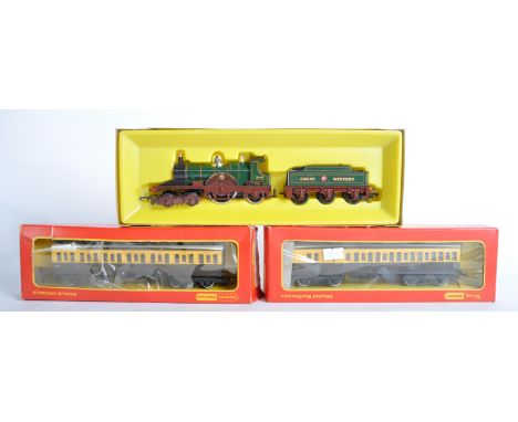 A vintage Hornby 00 gauge model railway trainset locomotive engine No. R354 Great Western Railways 4-2-2 along with x2 coach 
