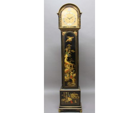 CHINOISERIE LONGCASE CLOCK, the gilt dial with scrolling floral decoration and a 7 1/2" silvered chapter ring, inscribed Broo