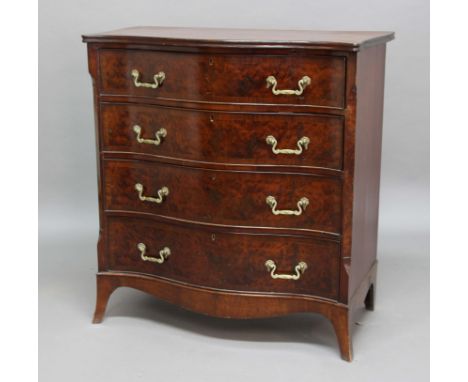 19TH CENTURY MAHOGANY AND BURR WALNUT SERPENTINE CHEST, the crossbanded top above four long drawers with brass swing pull and