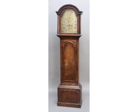 MAHOGANY LONGCASE CLOCK, the 12" brass dial with subsidiary seconds dial and date aperture, inscribed Henry Watts, Poole bene