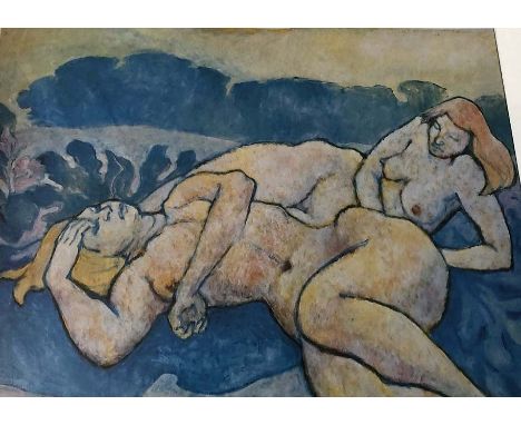 •FYFFE CHRISTIE (1918-1979) RECLINING FIGURES IN A BLUE AND YELLOW LANDSCAPE Signed and dated JUNE 1977, oil on canvas 75 x 9