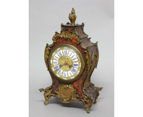 FRENCH LOUIS XV STYLE BOULLE MANTEL CLOCK, the 5 1/2" gilt dial with blue and white enamelled Roman numerals on a brass, eigh