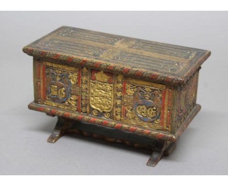 OAK TEA CADDY, by H Uphill, Wilton, in the form of a miniature coffer on stand, linen fold carving to the top, the front with
