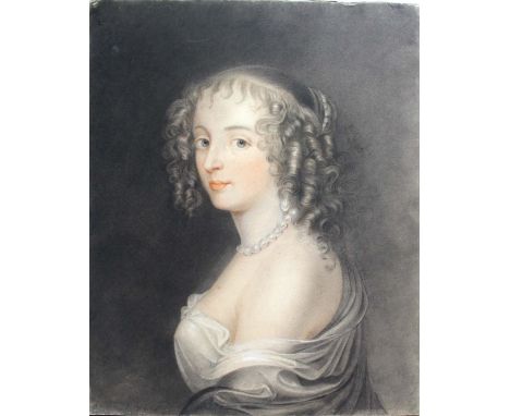 MANNER OF JOHN GREENHILL (c.1649-1676) PORTRAIT OF A LADY Bust length, wearing a robe and a pearl necklace, coloured chalks o