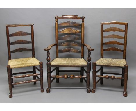 HARLEQUIN SET OF SIX ELM LADDER BACK DINING CHAIRS, late 18th century, comprising one carver and five dining chairs, height 1