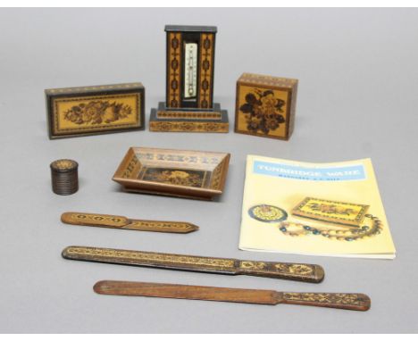 TUNBRIDGEWARE: to include a desk thermometer, height 13.5cm, two lidded boxes, pin dish, page turners etc. Together with Gill