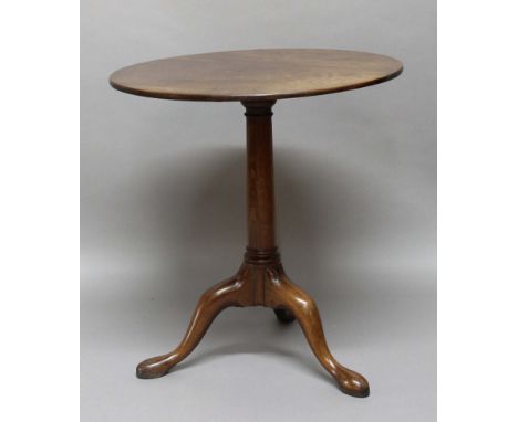 GEORGE III MAHOGANY TRIPOD TABLE, the circular tilt top on a turned column and tripod base with pad feet, height 71cm, diamet