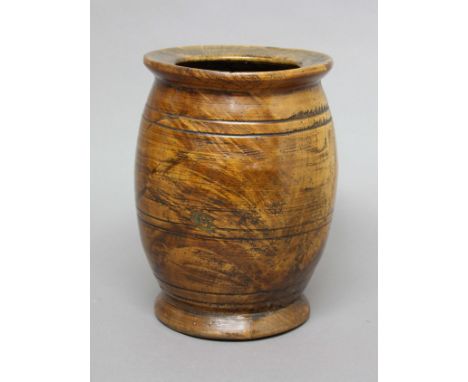 18TH CENTURY TURNED FRUITWOOD JAR, of barrel form, probably continental, height 29cm