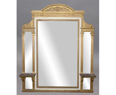 LARGE FRENCH GILT AND PAINTED OVERMANTEL MIRROR, probably late 19th century, the bevelled, rectangular plate beneath an arche