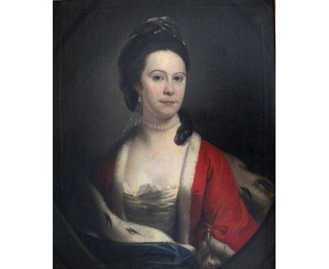 HENRY PICKERING (c.1720-1770/71) PORTRAIT OF MRS ANN WATSON Quarter length, wearing a red gown with fur trim, a blue mantle w