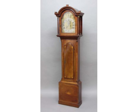 CHANNEL ISLANDS INTEREST: mahogany and inlaid longcase clock, the brass dial with an 11 1/2" silvered chapter ring inscribed 