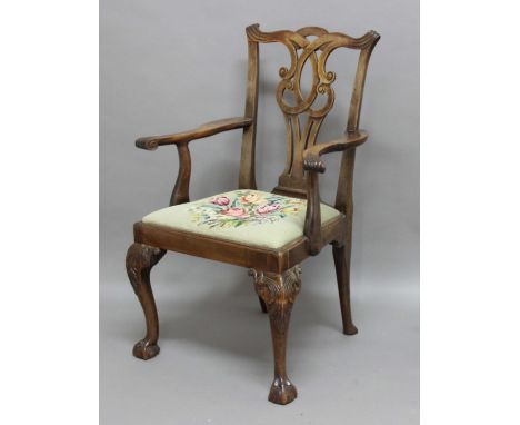 CHIPPENDALE STYLE MAHOGANY OPEN ARMCHAIR, with wavy top rail and pierced splat, on cabriole front legs and ball and claw feet