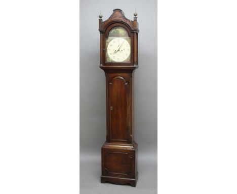 GEORGE III MAHOGANY LONGCASE CLOCK, the 12" painted dial beneath an arched panel and with maidens to the spandrels, subsidiar