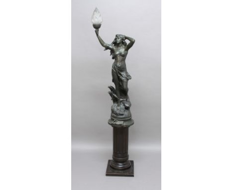 AFTER CHARLES PERRON, 'Le Reveil de la Source', a patinated spelter figural lamp on a later column base, titled and signature