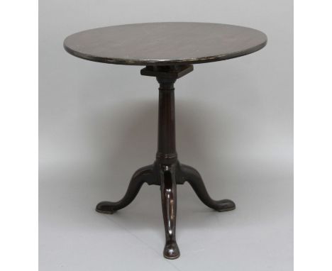 GEORGE III MAHOGANY TILT TOP TRIPOD TABLE, the circular top on a birdcage movement, height 70cm, diameter 71cm