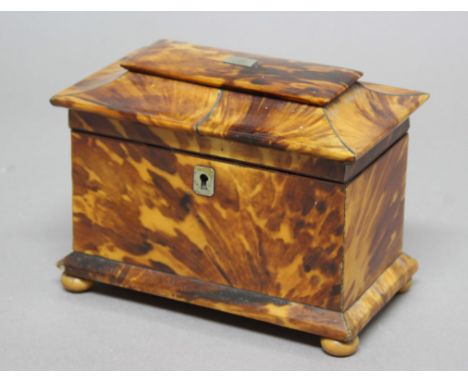 GEORGE III TORTOISESHELL TEA CADDY, of sarcophagus form with twin canister interior, height 13cm, width 17.5cm, depth 9.5cmFu