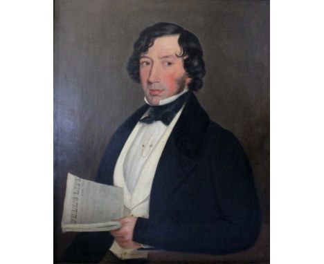 ENGLISH SCHOOL, 1840 PORTRAIT OF JAMES BINGLEY (b.AUGUST 23rd 1795) Half length, wearing a dark coat and cream waistcoat, hol