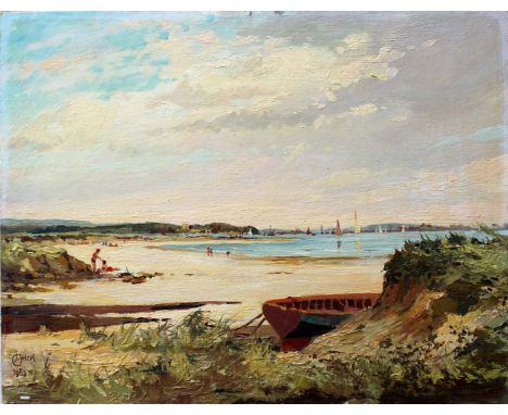 •CHARLES LYNCH (Fl.1960's) POOLE HARBOUR AND BROWNSEA ISLAND FROM SHELL BAY, ISLE OF PURBECK Signed and dated 1963, oil on ca