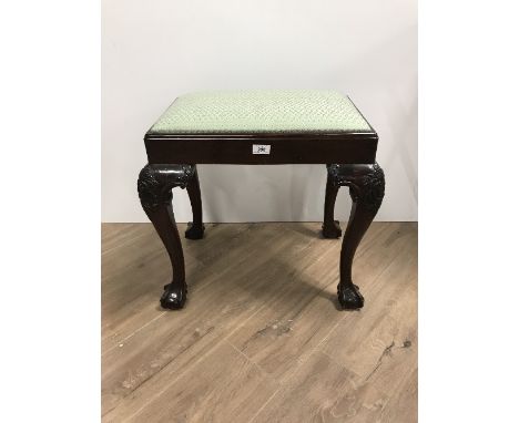 ANTIQUE VICTORIAN CHIPPENDALE STOOL WITH CARVED KNEES & CLAW BALL FEET