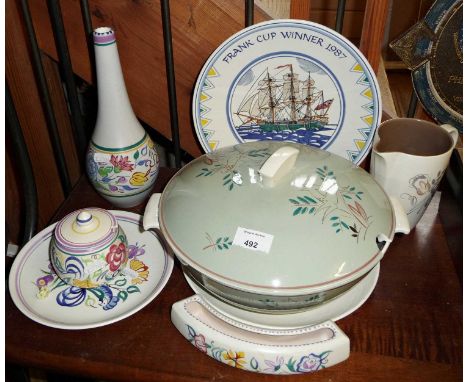 Mid-century Poole Pottery tableware, inc. a large tureen (approx. 28cm diameter), a vase and a Broadstone Golf Club prize win